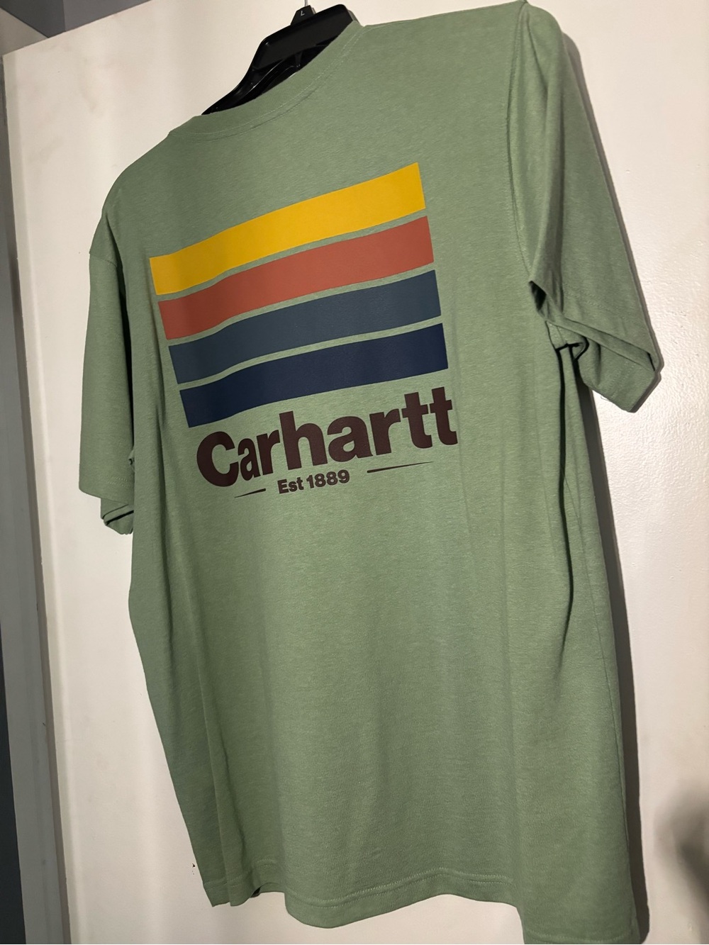 Carhartt Sage Green Short-Sleeve T-Shirt with Multicolor Stripes